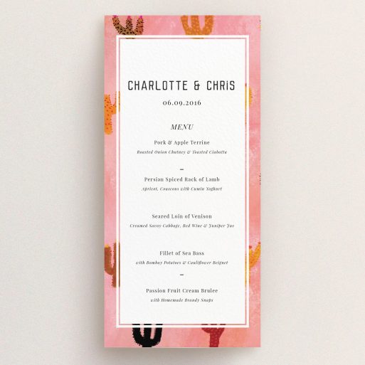 Wedding Menu Card Design - "Albuquerque" A wedding menu card design named "Albuquerque". It is a tall (DL) menu in a portrait orientation. "Albuquerque" is available as a flat menu, with tones of pink and orange.