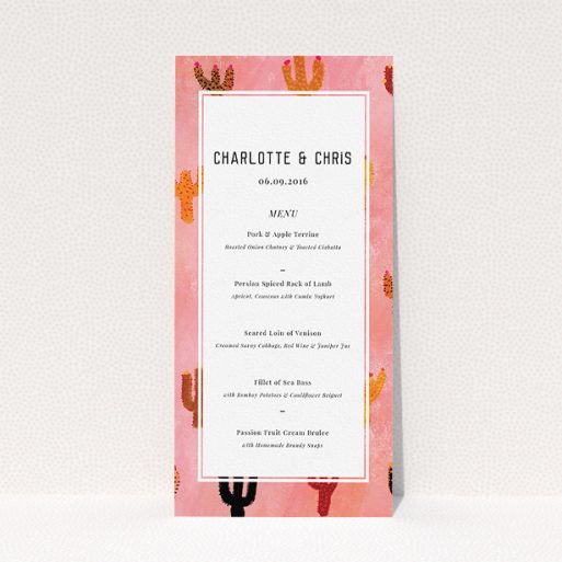 A wedding menu card design named "Albuquerque". It is a tall (DL) menu in a portrait orientation. "Albuquerque" is available as a flat menu, with tones of pink and orange.