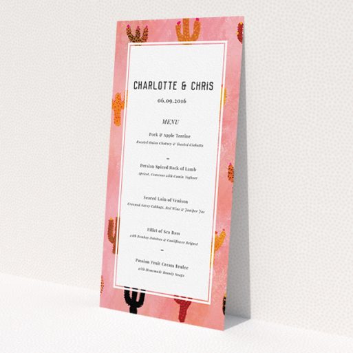A wedding menu card design named 'Albuquerque'. It is a tall (DL) menu in a portrait orientation. 'Albuquerque' is available as a flat menu, with tones of pink and orange.