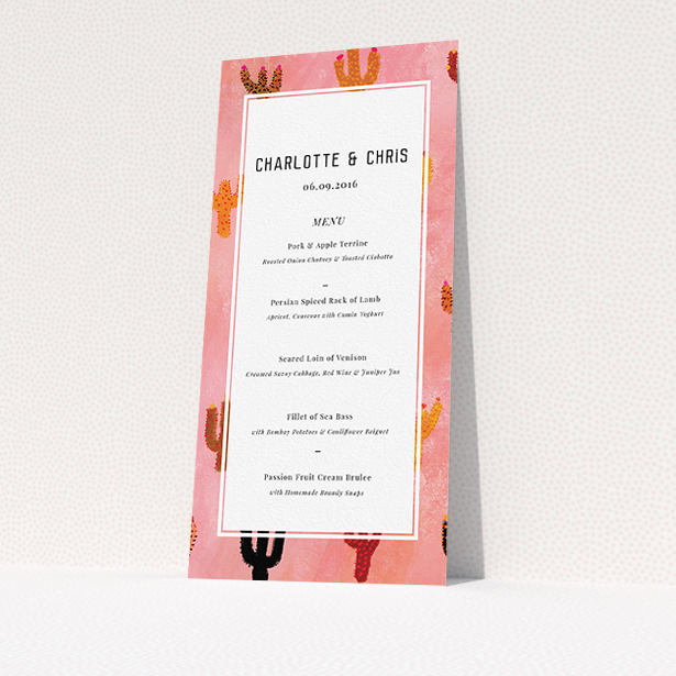 A wedding menu card design named "Albuquerque". It is a tall (DL) menu in a portrait orientation. "Albuquerque" is available as a flat menu, with tones of pink and orange.