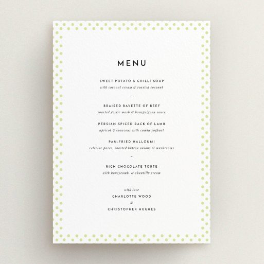 Wedding Menu Card Design - "All the dots" A wedding menu card design titled "All the dots". It is an A5 menu in a portrait orientation. "All the dots" is available as a flat menu, with mainly cream colouring.