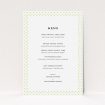 A wedding menu card design titled "All the dots". It is an A5 menu in a portrait orientation. "All the dots" is available as a flat menu, with mainly cream colouring.