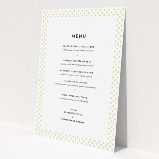 A wedding menu card design titled 'All the dots'. It is an A5 menu in a portrait orientation. 'All the dots' is available as a flat menu, with mainly cream colouring.