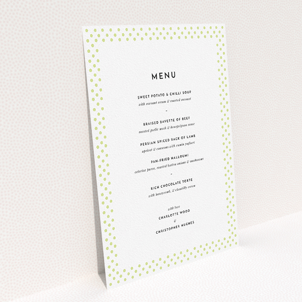 A wedding menu card design titled "All the dots". It is an A5 menu in a portrait orientation. "All the dots" is available as a flat menu, with mainly cream colouring.