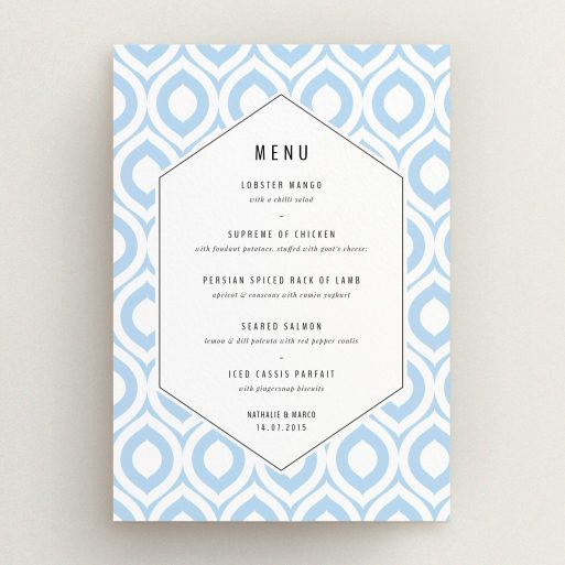 Wedding Menu Card Design - "Arabian diamonds" A wedding menu card design called "Arabian diamonds". It is an A5 menu in a portrait orientation. "Arabian diamonds" is available as a flat menu, with tones of blue and white.