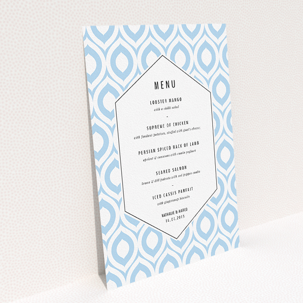 A wedding menu card design called "Arabian diamonds". It is an A5 menu in a portrait orientation. "Arabian diamonds" is available as a flat menu, with tones of blue and white.