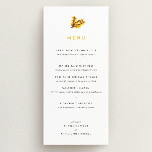 Wedding Menu Card Design - "Autumn Blossom" A wedding menu card named "Autumn Blossom". It is a tall (DL) menu in a portrait orientation. "Autumn Blossom" is available as a flat menu, with tones of white and orange.