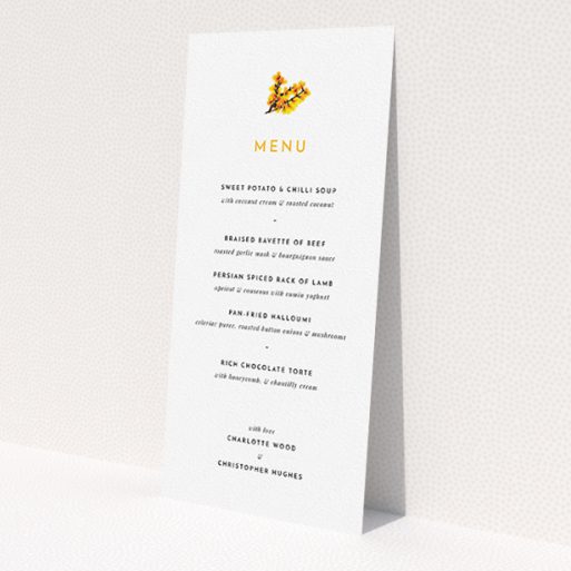 A wedding menu card named 'Autumn Blossom'. It is a tall (DL) menu in a portrait orientation. 'Autumn Blossom' is available as a flat menu, with tones of white and orange.