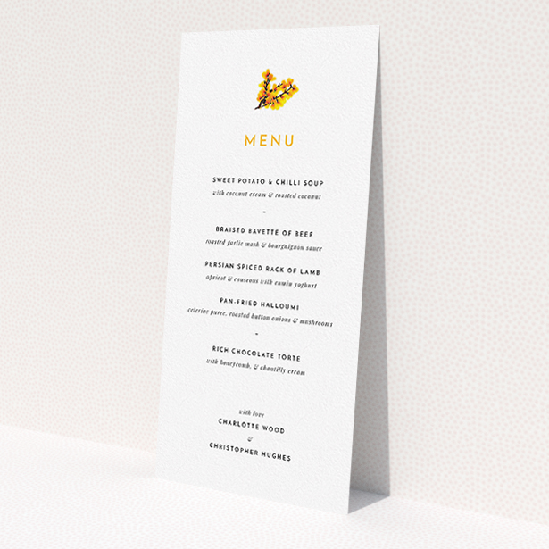 A wedding menu card named "Autumn Blossom". It is a tall (DL) menu in a portrait orientation. "Autumn Blossom" is available as a flat menu, with tones of white and orange.