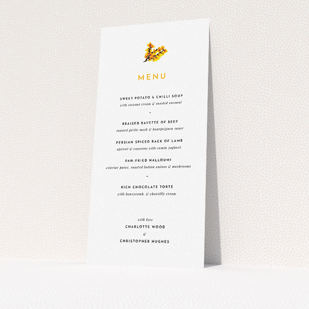 A wedding menu card named "Autumn Blossom". It is a tall (DL) menu in a portrait orientation. "Autumn Blossom" is available as a flat menu, with tones of white and orange.