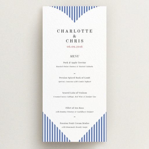 Wedding Menu Card Design - "Between the Lines" A wedding menu card called "Between the Lines". It is a tall (DL) menu in a portrait orientation. "Between the Lines" is available as a flat menu, with tones of blue and white.