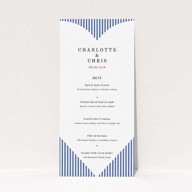 A wedding menu card called "Between the Lines". It is a tall (DL) menu in a portrait orientation. "Between the Lines" is available as a flat menu, with tones of blue and white.