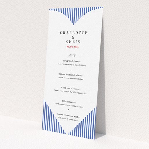 A wedding menu card called 'Between the Lines'. It is a tall (DL) menu in a portrait orientation. 'Between the Lines' is available as a flat menu, with tones of blue and white.