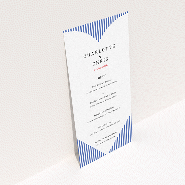 A wedding menu card called "Between the Lines". It is a tall (DL) menu in a portrait orientation. "Between the Lines" is available as a flat menu, with tones of blue and white.