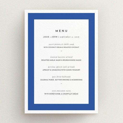 Wedding Menu Card Design - "Big Blue" A wedding menu card design titled "Big Blue". It is an A5 menu in a portrait orientation. "Big Blue" is available as a flat menu, with tones of blue and white.