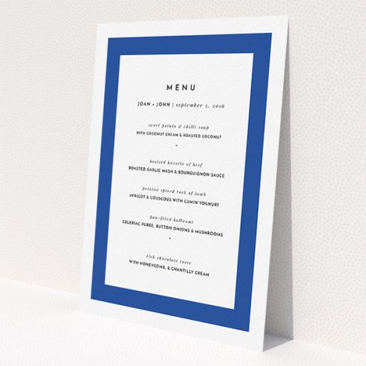 A wedding menu card design titled 'Big Blue'. It is an A5 menu in a portrait orientation. 'Big Blue' is available as a flat menu, with tones of blue and white.