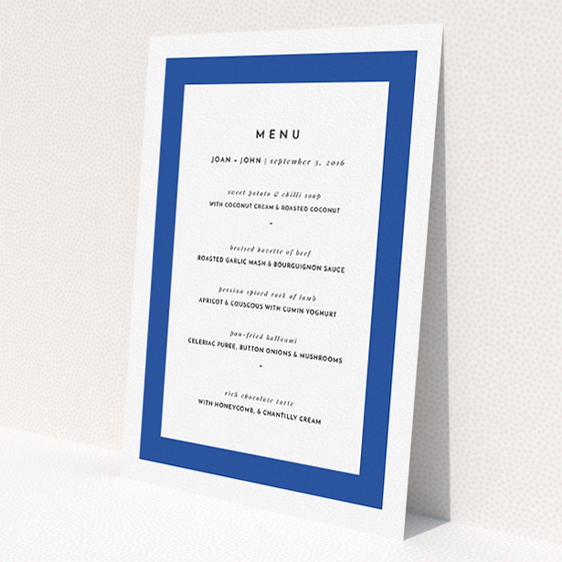 A wedding menu card design titled "Big Blue". It is an A5 menu in a portrait orientation. "Big Blue" is available as a flat menu, with tones of blue and white.