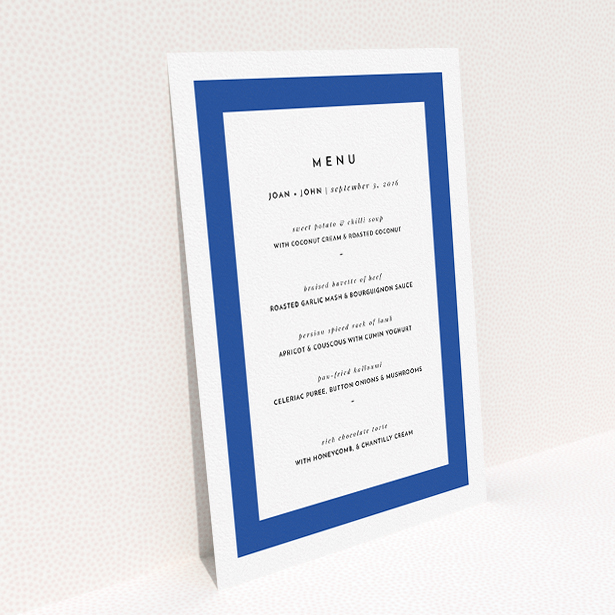 A wedding menu card design titled "Big Blue". It is an A5 menu in a portrait orientation. "Big Blue" is available as a flat menu, with tones of blue and white.