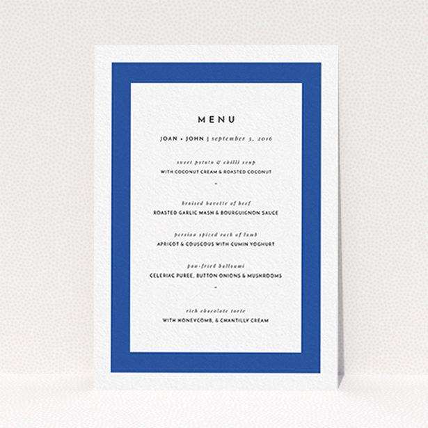 A wedding menu card design named "Big Blue". It is an A6 menu in a portrait orientation. "Big Blue" is available as a flat menu, with tones of blue and white.