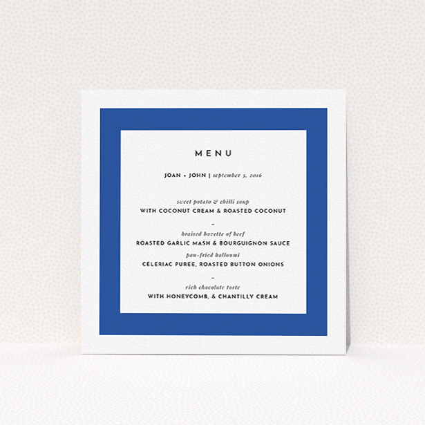 A wedding menu card design titled "Big Blue". It is a square (148mm x 148mm) menu in a square orientation. "Big Blue" is available as a flat menu, with tones of blue and white.