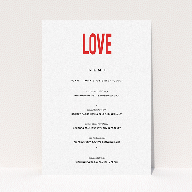 A wedding menu card design titled "Big Love". It is an A5 menu in a portrait orientation. "Big Love" is available as a flat menu, with tones of white and red.