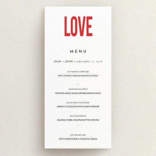 Wedding Menu Card Design - "Big Love" A wedding menu card design titled "Big Love". It is a tall (DL) menu in a portrait orientation. "Big Love" is available as a flat menu, with tones of white and red.