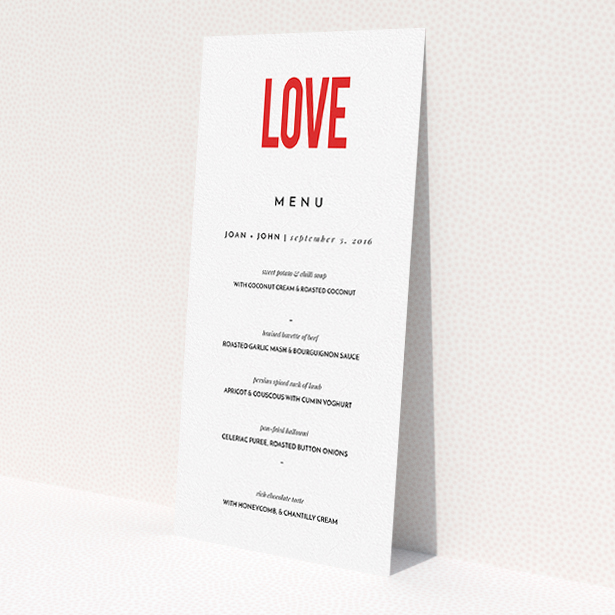 A wedding menu card design titled "Big Love". It is a tall (DL) menu in a portrait orientation. "Big Love" is available as a flat menu, with tones of white and red.