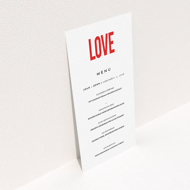 A wedding menu card design titled "Big Love". It is a tall (DL) menu in a portrait orientation. "Big Love" is available as a flat menu, with tones of white and red.