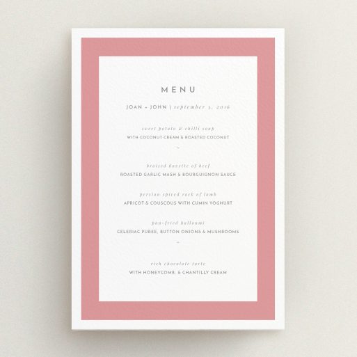 Wedding Menu Card Design - "Big Red" A wedding menu card named "Big Red". It is an A5 menu in a portrait orientation. "Big Red" is available as a flat menu, with tones of red and white.