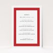 A wedding menu card named "Big Red". It is an A5 menu in a portrait orientation. "Big Red" is available as a flat menu, with tones of red and white.