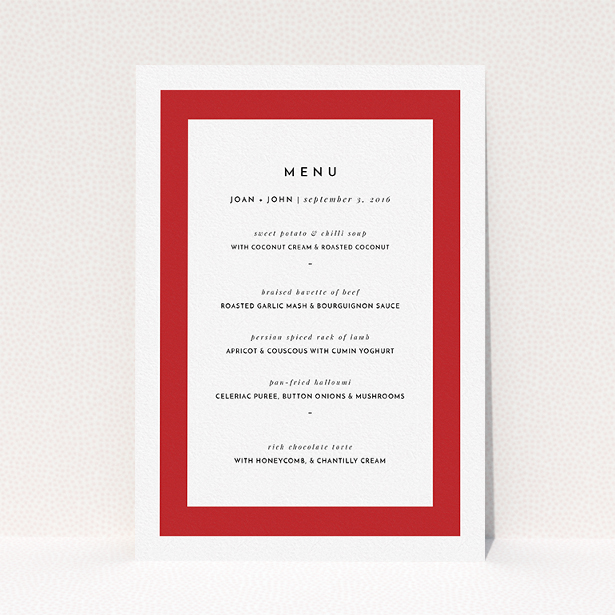 A wedding menu card named "Big Red". It is an A5 menu in a portrait orientation. "Big Red" is available as a flat menu, with tones of red and white.