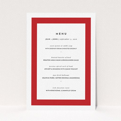 A wedding menu card design called "Big Red". It is an A6 menu in a portrait orientation. "Big Red" is available as a flat menu, with tones of red and white.