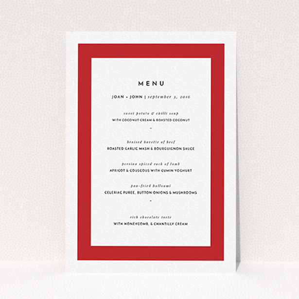 A wedding menu card design called "Big Red". It is an A6 menu in a portrait orientation. "Big Red" is available as a flat menu, with tones of red and white.