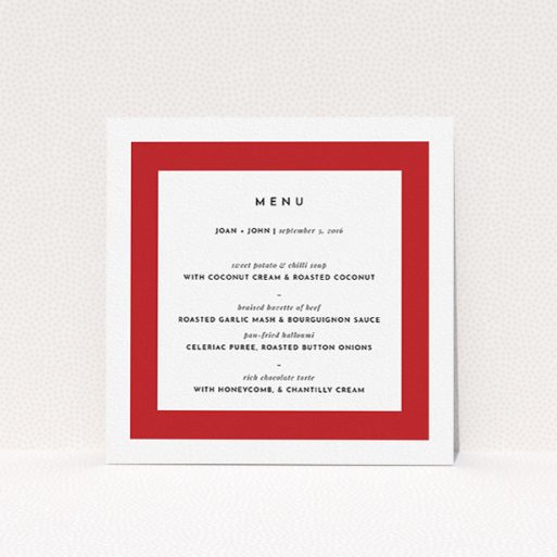 A wedding menu card named "Big Red". It is a square (148mm x 148mm) menu in a square orientation. "Big Red" is available as a flat menu, with tones of red and white.