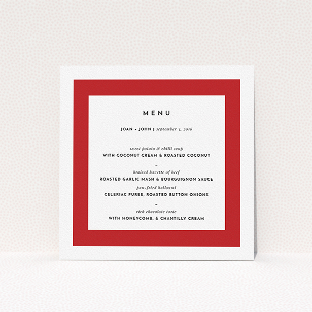 A wedding menu card named "Big Red". It is a square (148mm x 148mm) menu in a square orientation. "Big Red" is available as a flat menu, with tones of red and white.