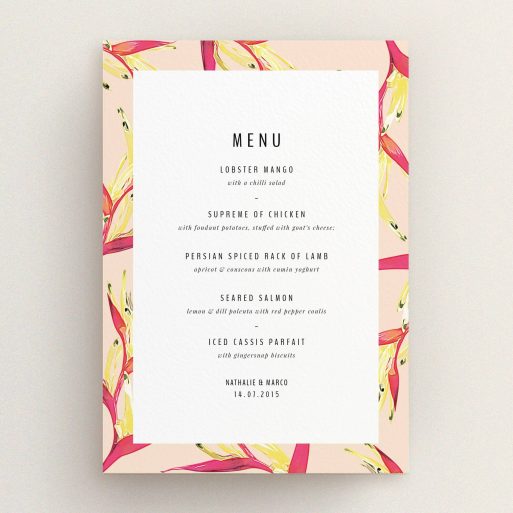 Wedding Menu Card Design - "Birds of paradise" A wedding menu card design named "Birds of paradise". It is an A5 menu in a portrait orientation. "Birds of paradise" is available as a flat menu, with tones of dark cream and red.