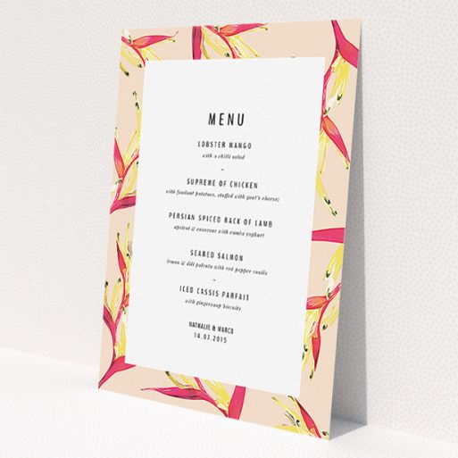 A wedding menu card design named 'Birds of paradise'. It is an A5 menu in a portrait orientation. 'Birds of paradise' is available as a flat menu, with tones of dark cream and red.