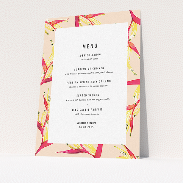 A wedding menu card design named "Birds of paradise". It is an A5 menu in a portrait orientation. "Birds of paradise" is available as a flat menu, with tones of dark cream and red.