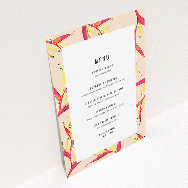 A wedding menu card design named "Birds of paradise". It is an A5 menu in a portrait orientation. "Birds of paradise" is available as a flat menu, with tones of dark cream and red.