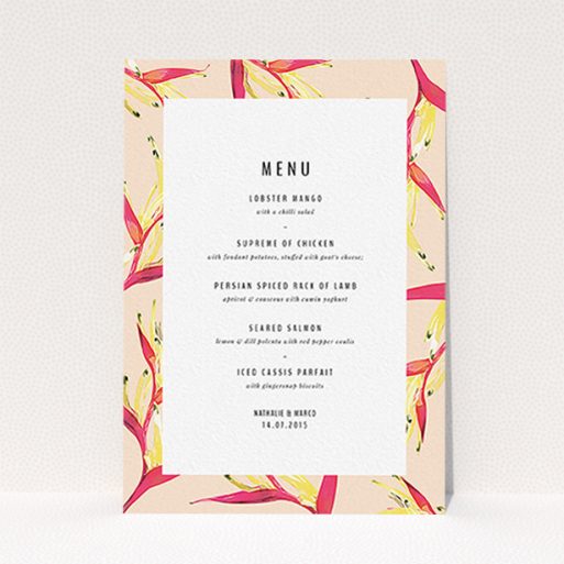 A wedding menu card called "Birds of paradise". It is an A6 menu in a portrait orientation. "Birds of paradise" is available as a flat menu, with tones of dark cream and red.