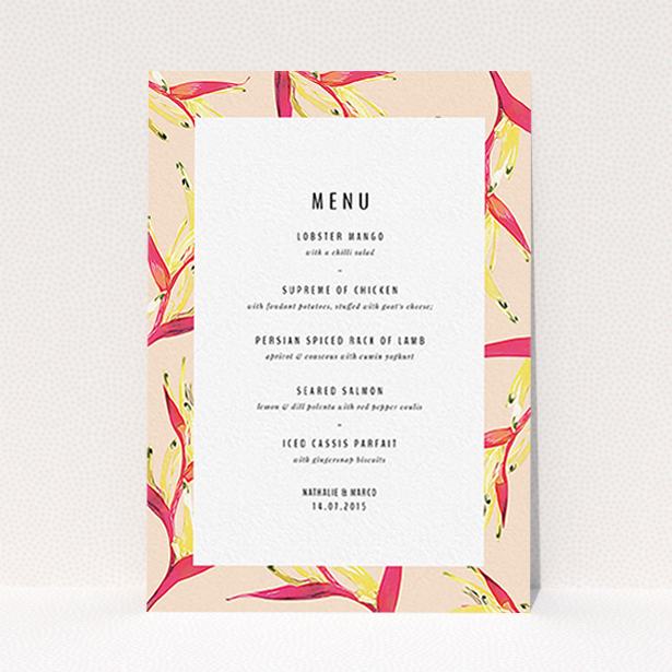 A wedding menu card called "Birds of paradise". It is an A6 menu in a portrait orientation. "Birds of paradise" is available as a flat menu, with tones of dark cream and red.