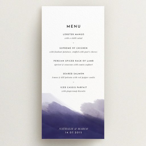 Wedding Menu Card Design - "Blue and Cream" A wedding menu card design titled "Blue and Cream". It is a tall (DL) menu in a portrait orientation. "Blue and Cream" is available as a flat menu, with mainly dark blue colouring.