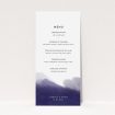 A wedding menu card design titled "Blue and Cream". It is a tall (DL) menu in a portrait orientation. "Blue and Cream" is available as a flat menu, with mainly dark blue colouring.