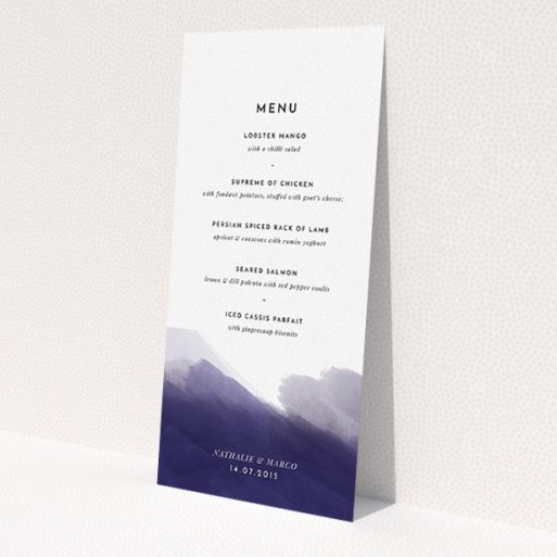 A wedding menu card design titled 'Blue and Cream'. It is a tall (DL) menu in a portrait orientation. 'Blue and Cream' is available as a flat menu, with mainly dark blue colouring.