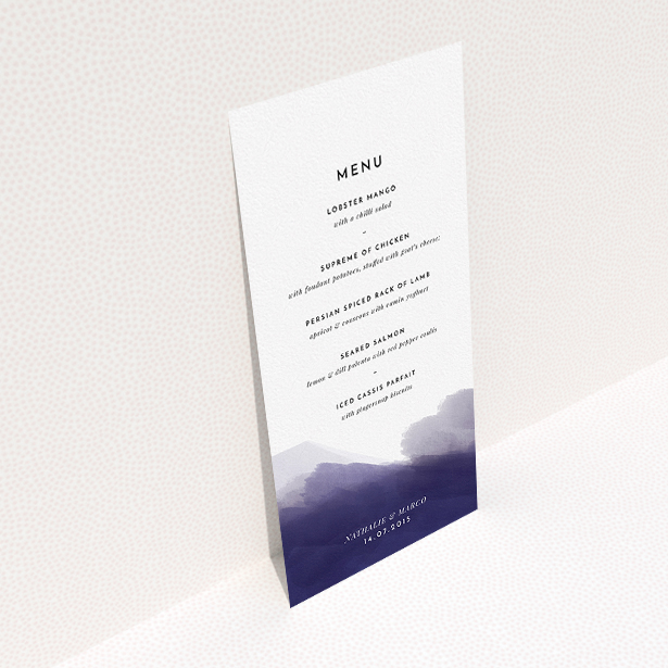 A wedding menu card design titled "Blue and Cream". It is a tall (DL) menu in a portrait orientation. "Blue and Cream" is available as a flat menu, with mainly dark blue colouring.