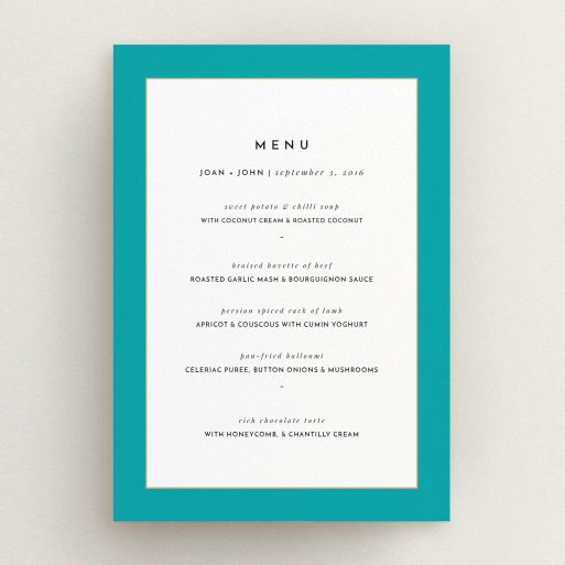 Wedding Menu Card Design - "Blue and Gold Flourish" A wedding menu card named "Blue and Gold Flourish". It is an A5 menu in a portrait orientation. "Blue and Gold Flourish" is available as a flat menu, with tones of green and white.