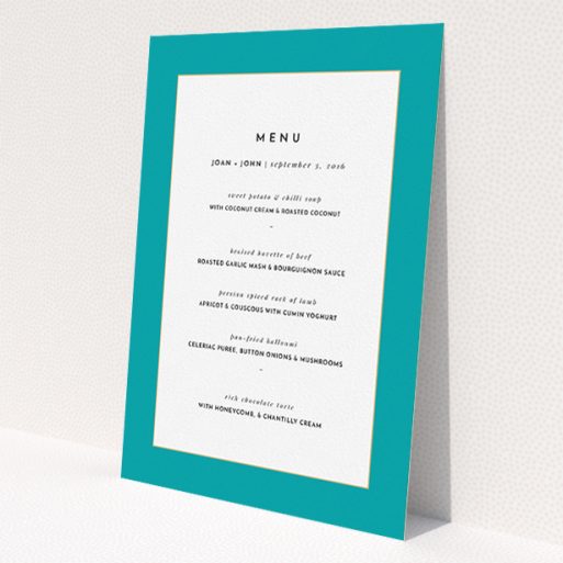 A wedding menu card named 'Blue and Gold Flourish'. It is an A5 menu in a portrait orientation. 'Blue and Gold Flourish' is available as a flat menu, with tones of green and white.