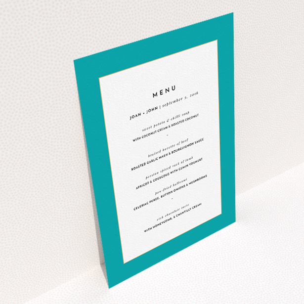 A wedding menu card named "Blue and Gold Flourish". It is an A5 menu in a portrait orientation. "Blue and Gold Flourish" is available as a flat menu, with tones of green and white.