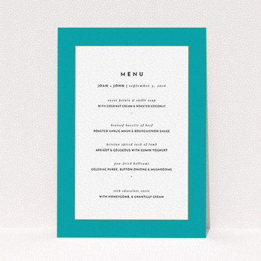 A wedding menu card design called "Blue and Gold Flourish". It is an A6 menu in a portrait orientation. "Blue and Gold Flourish" is available as a flat menu, with tones of green and white.