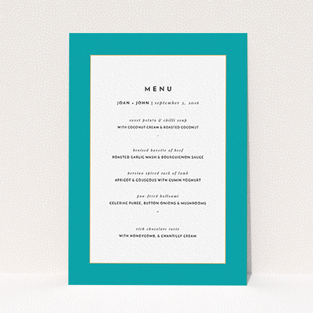 A wedding menu card design called "Blue and Gold Flourish". It is an A6 menu in a portrait orientation. "Blue and Gold Flourish" is available as a flat menu, with tones of green and white.